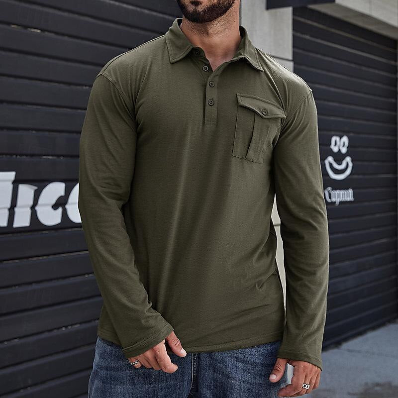 Men's long sleeve Henley polo shirt breathable cotton regular fit with chest pocket casual classic