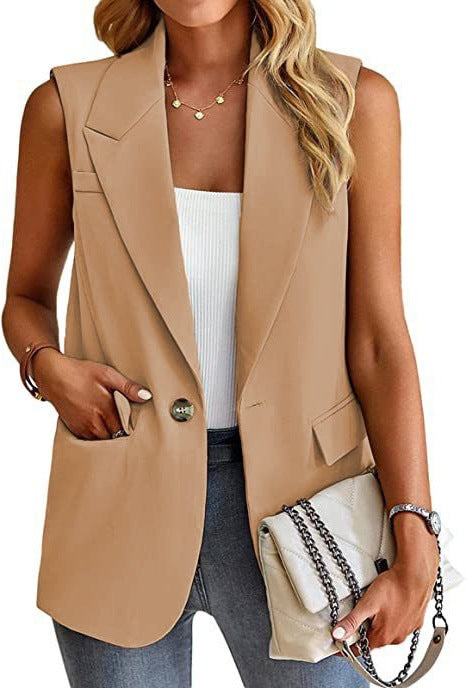Women's tailored sleeveless blazer vest with notch lapel and single-button closure for professionals