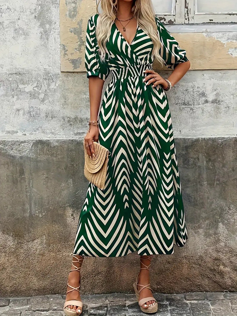 Women's midi A-line dress chevron pattern wrap V-neck belt waist puff sleeves figure-flattering
