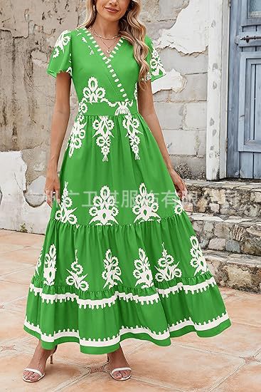 Floral maxi dress women V-neck A-line bohemian silhouette double-tiered ruffles lightweight beach