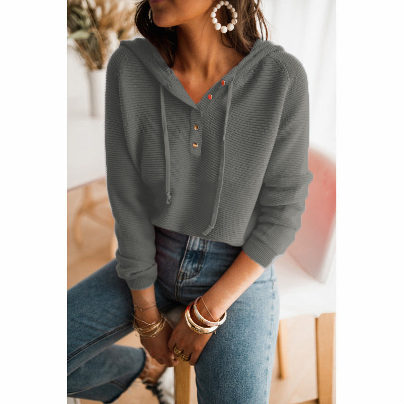 Women's cropped relaxed-fit hoodie in knit texture with button front and drawstring hood casual chic style