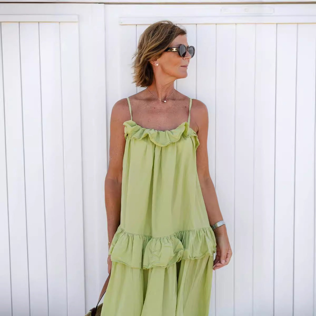 Women's flowy maxi dress cotton blend ruffle neckline tiered skirt vacation daywear