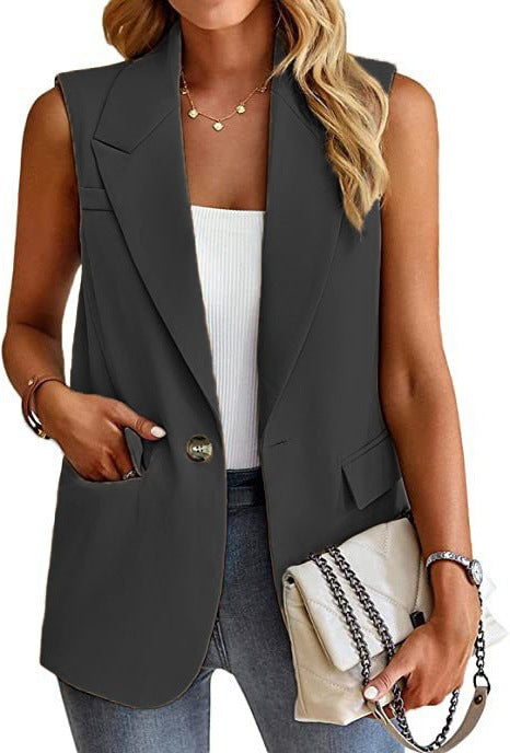 Women's tailored sleeveless blazer vest notch lapel single-button closure professional style