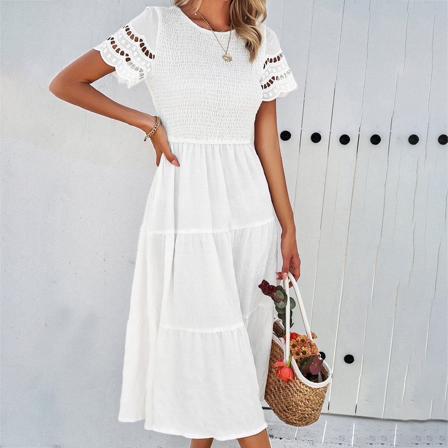 Women's cotton midi dress smocked bodice tiered skirt cutout short sleeves loose fit warm-weather chic