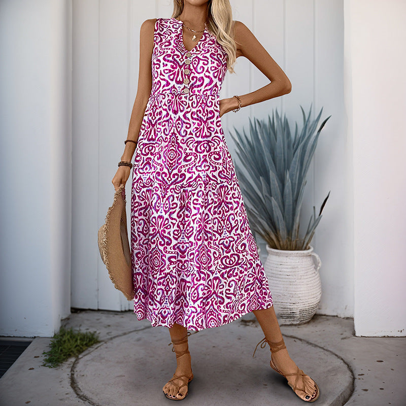 Women's sleeveless A-line summer dress with V-neck and button closure, lightweight breathable fabric