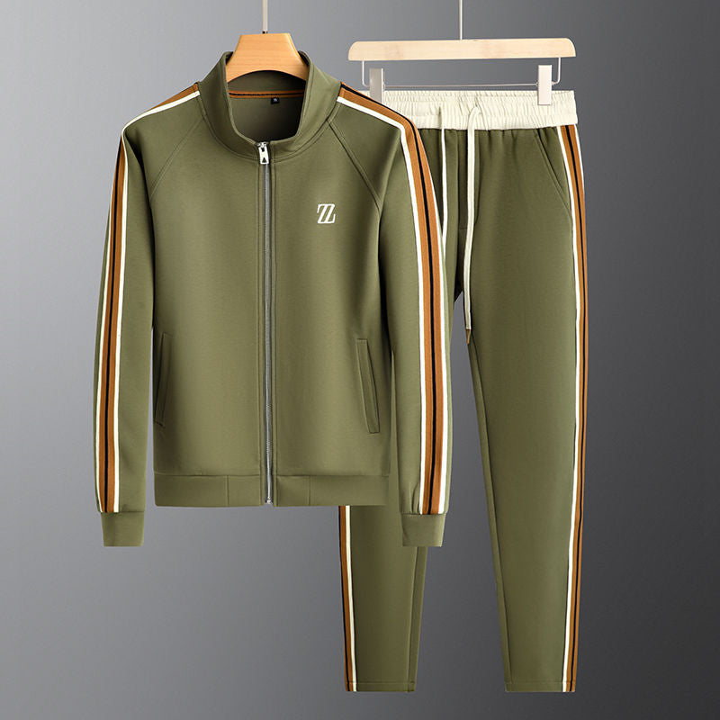 Men's two-piece streetwear jogging suit set with sleek side stripes and tapered fit zip-up jacket