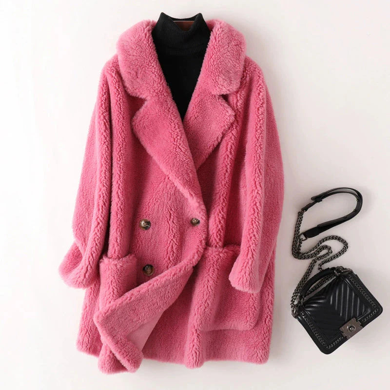 Women's camel teddy coat double-breasted mid-thigh faux fur plush warm winter outerwear