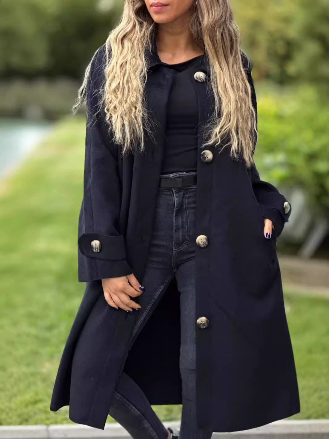 Women's wool blend long coat relaxed fit full-length silhouette with classic collar button front closure