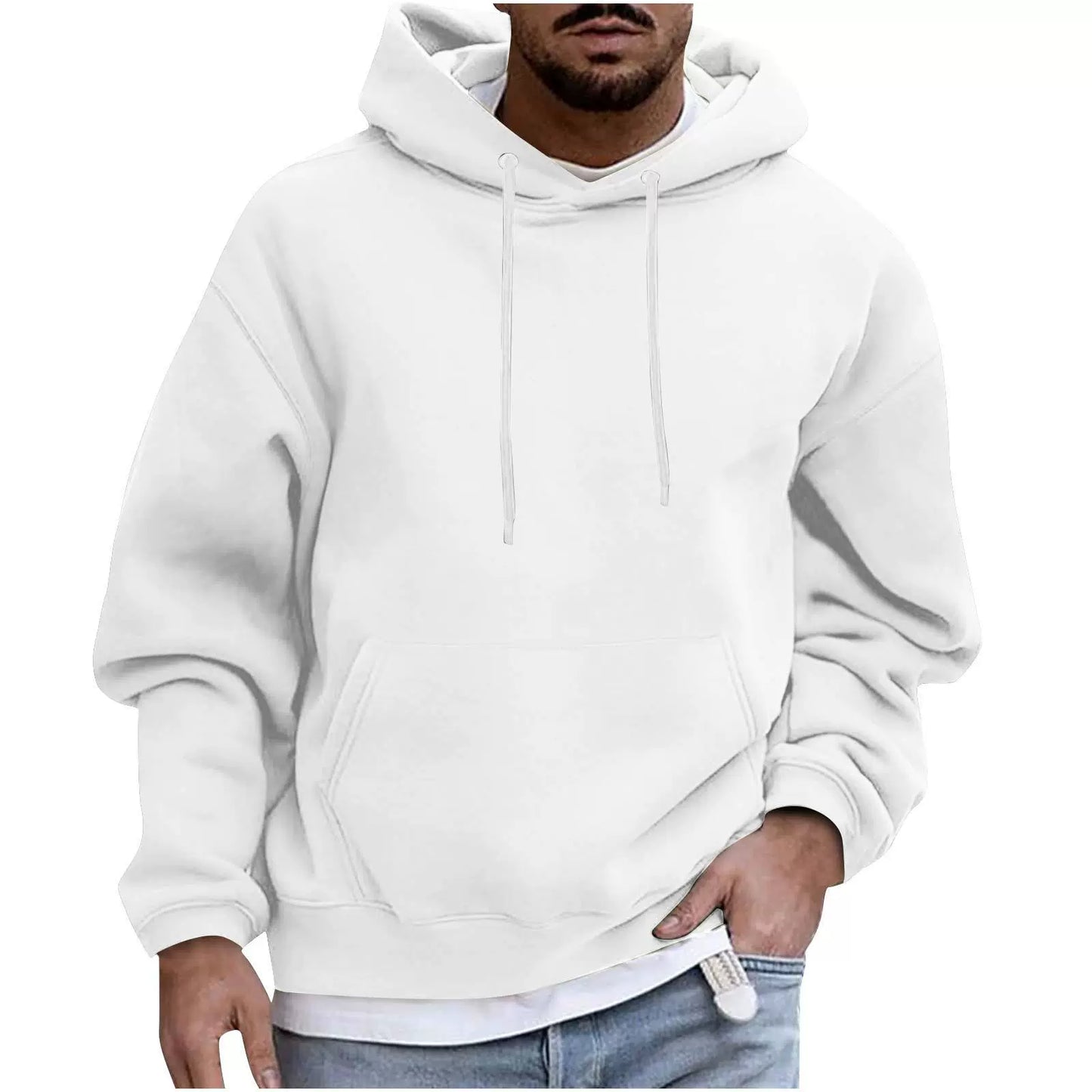 Men's loose fit drop shoulder fleece hoodie with kangaroo pocket, cozy everyday layering style