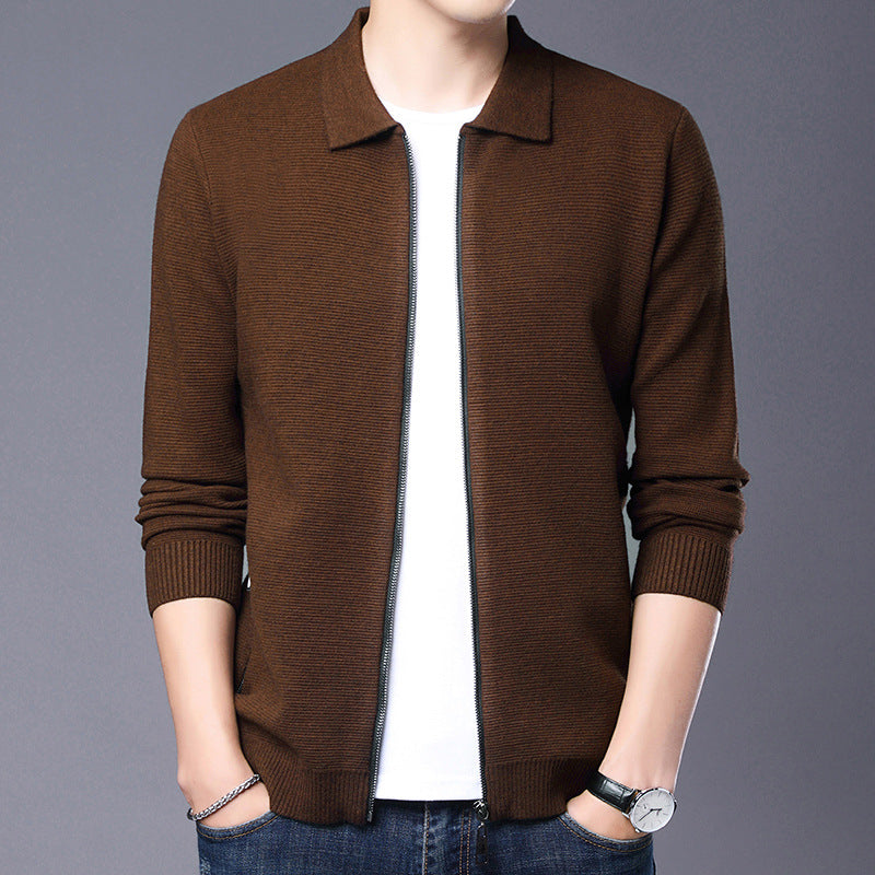 Men's slim fit wool cardigan with zipper closure, ribbed edges, classic collar, everyday urban style