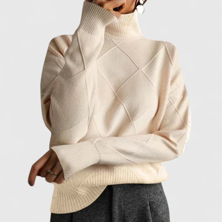 Clara women's slouchy high-neck winter sweater with softly draped silhouette for cozy polished look