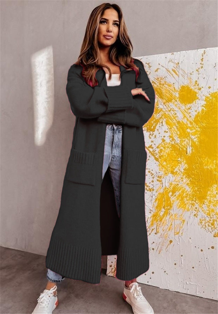Women's long open-front knit cardigan relaxed fit with side pockets, cozy everyday layering essential