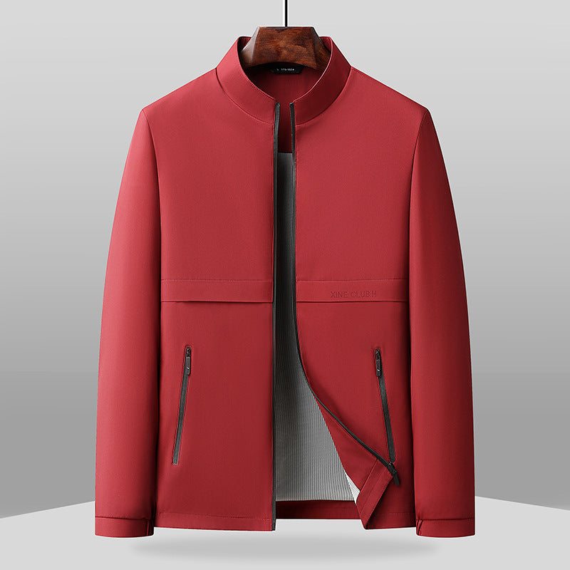 Men's regular fit jacket with band collar, full-zip closure, side pockets, clean contemporary style
