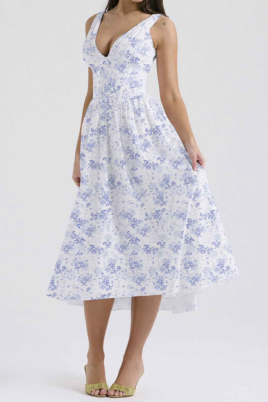 Floral midi dress women A-line sleeveless V-neck chic versatile lightweight summer fashion