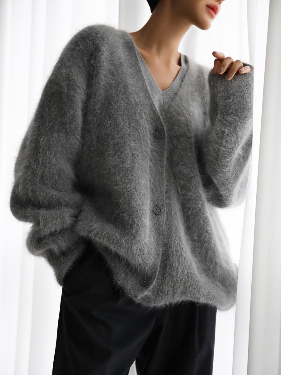 Women's oversized fluffy knit cardigan, soft mohair blend loose fit with button closure