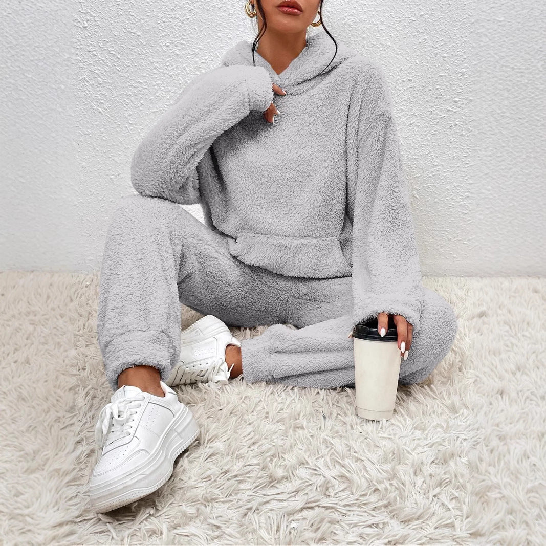 Women's plush fleece two-piece lounge set hoodie wide-leg pants kangaroo pocket relaxed fit