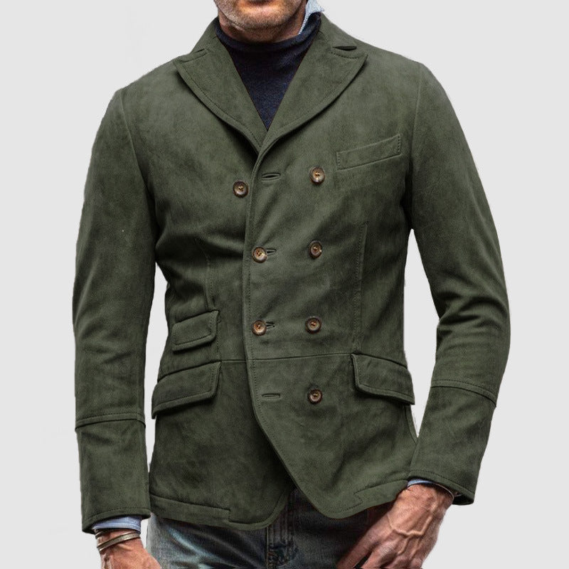 Men's double breasted suede-like jacket tailored fit modern charcoal gray semi-formal versatile silhouette