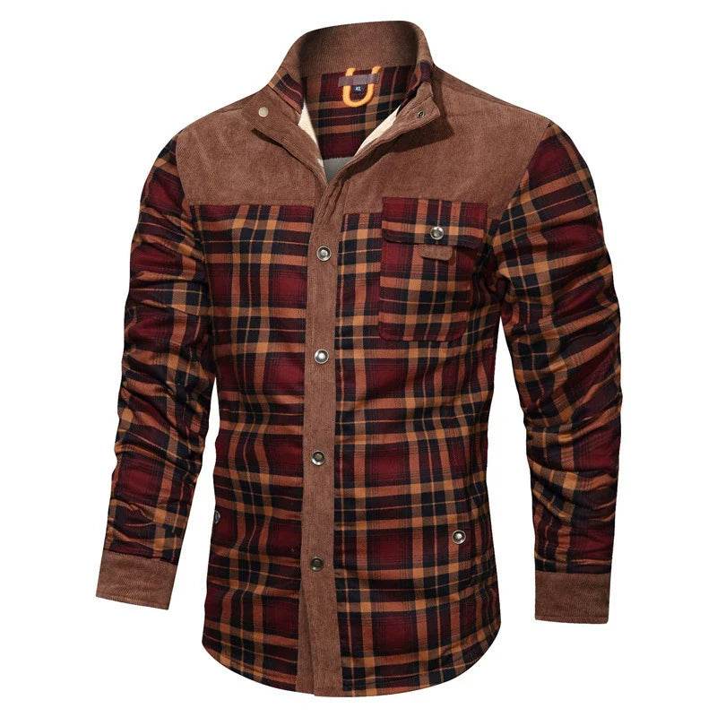 Men's relaxed fit fleece shirt jacket with plaid pattern, chest pockets, and corduroy trim