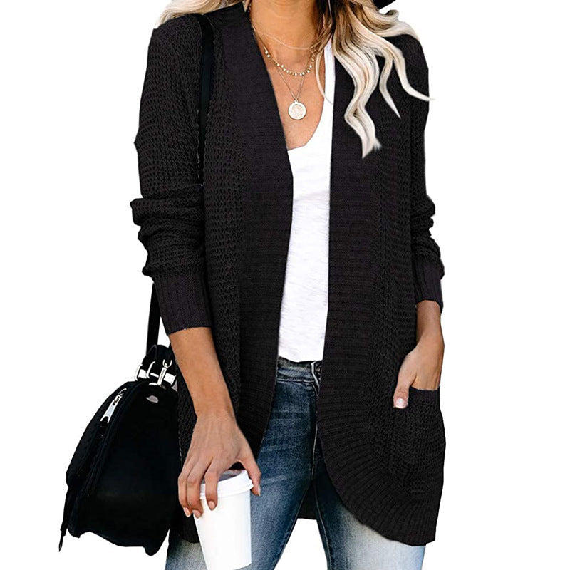 Women's relaxed fit open front cardigan, knitted texture V-neck with pockets for casual everyday wear