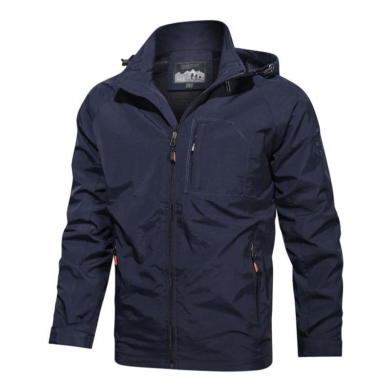 Men's lightweight windproof hooded jacket with zipper closure and multiple pockets for versatile wear