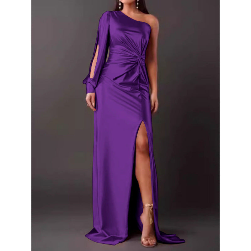Satin maxi dress single shoulder slim fit high slit elegant women's formal evening gown