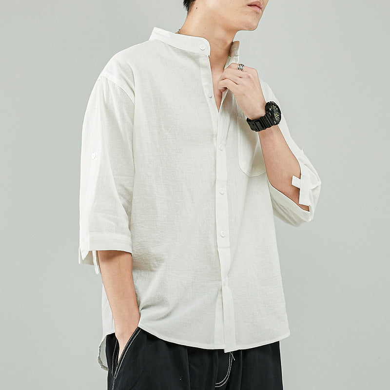 Men's linen-cotton blend band collar shirt relaxed fit 7/8 sleeves breathable casual summer style