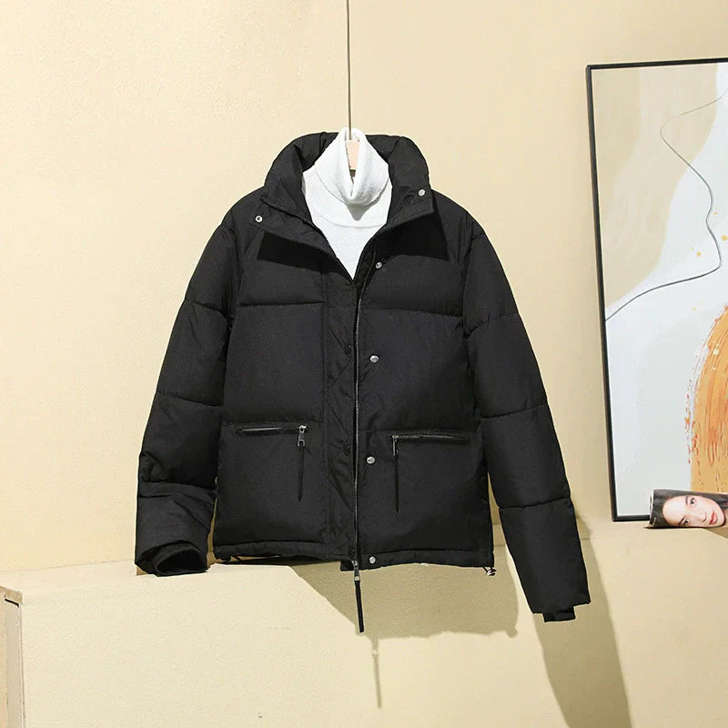 Women's cropped boxy puffer coat with stand collar, lightweight insulated warmth for everyday chic style