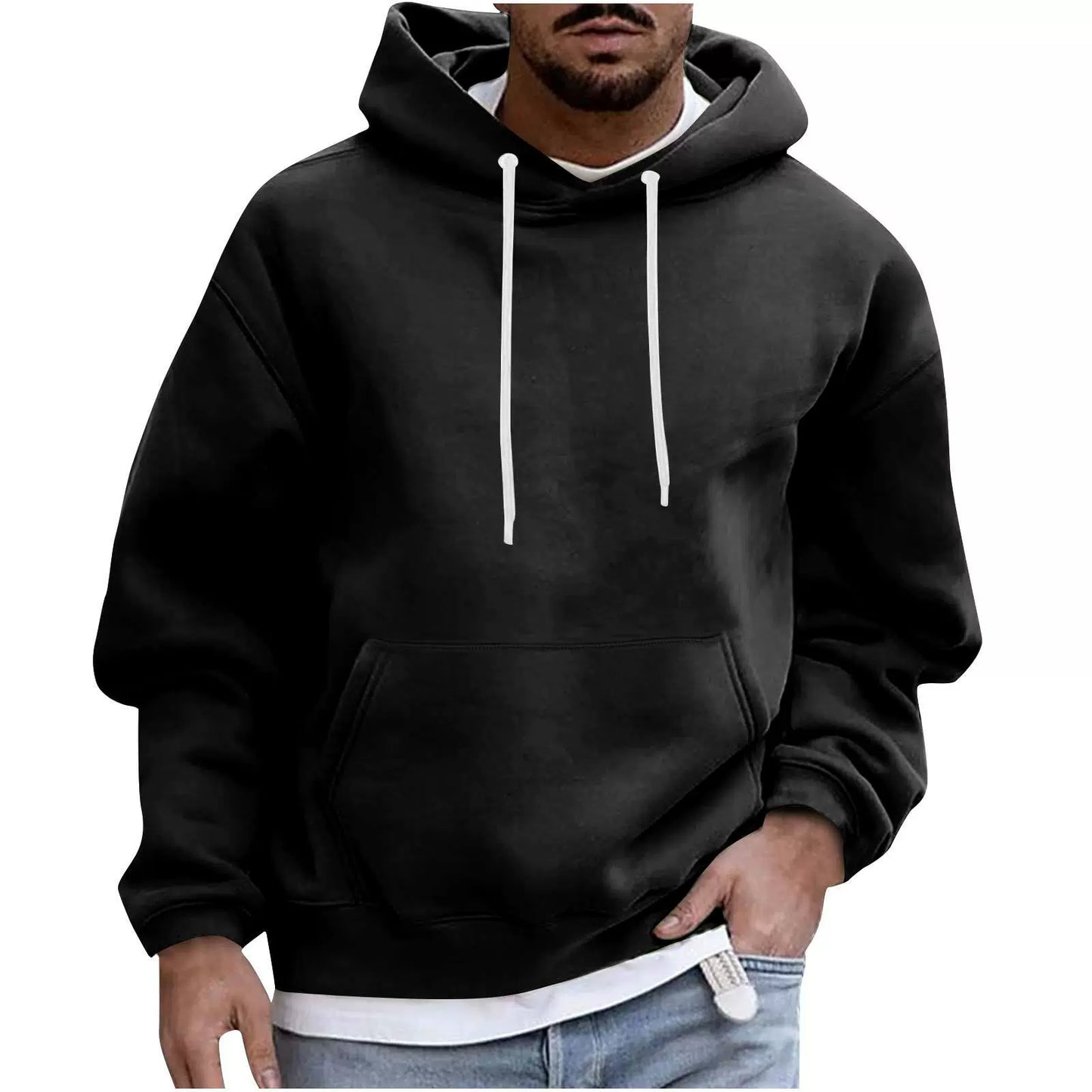 Men's beige fleece hoodie loose fit drop shoulder silhouette with kangaroo pocket everyday comfort