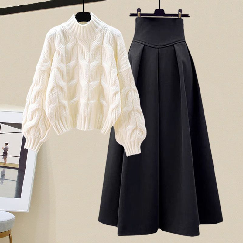 Women's wool cable knit sweater and pleated high-waist midi skirt two-piece set, cozy winter style