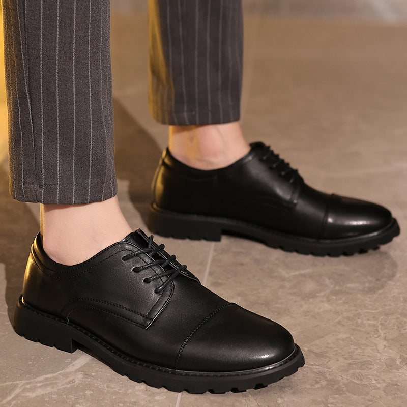 Men's black cap-toe Derby shoes polished leather upper with durable rubber sole formal style