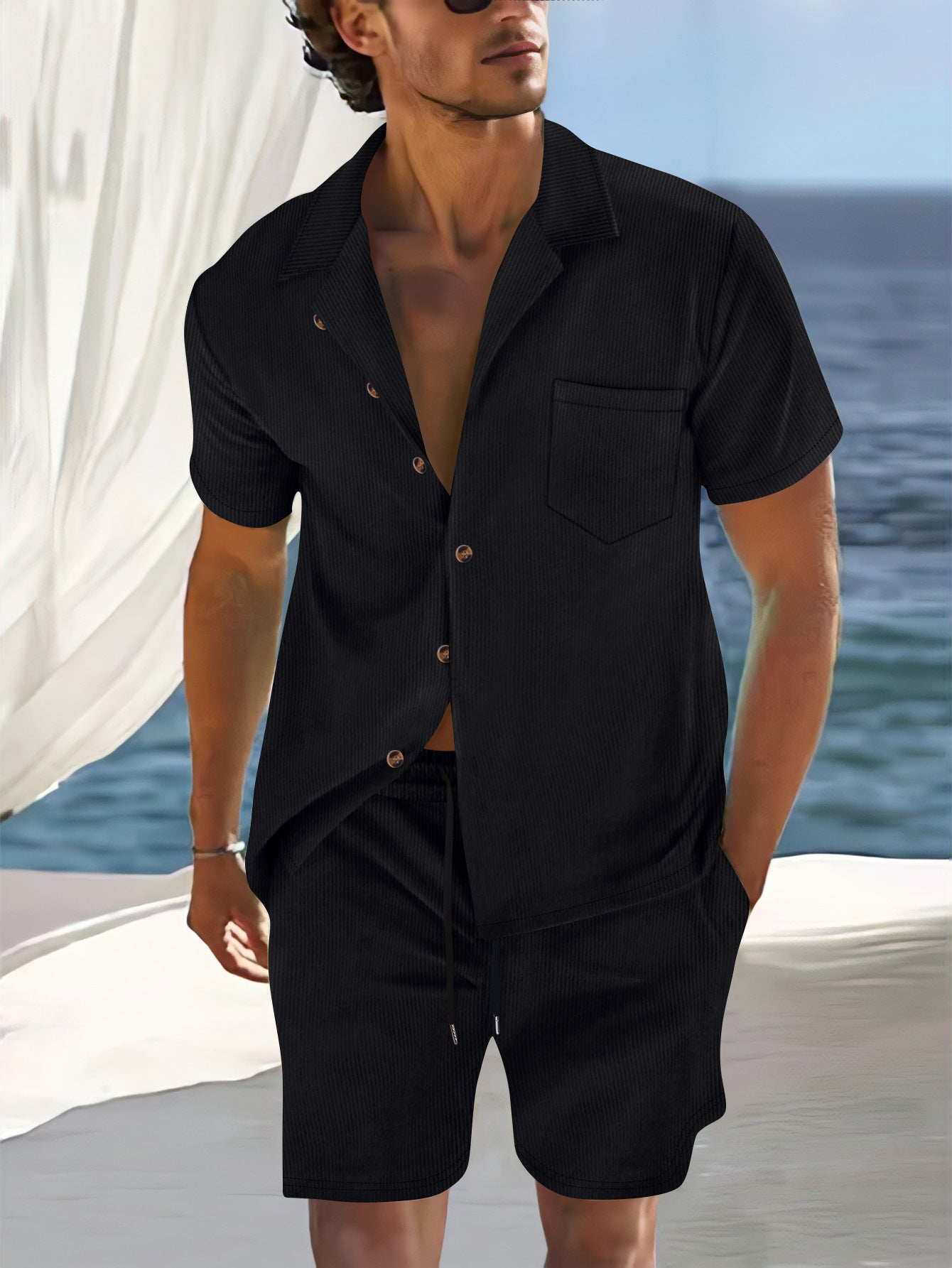 Men's relaxed fit vertical stripe shirt set lapel collar button front 2-piece summer outfit