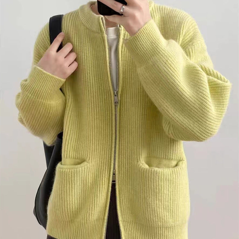 Women's oversized ribbed wool-blend cardigan cozy fit with pockets and double zipper closure