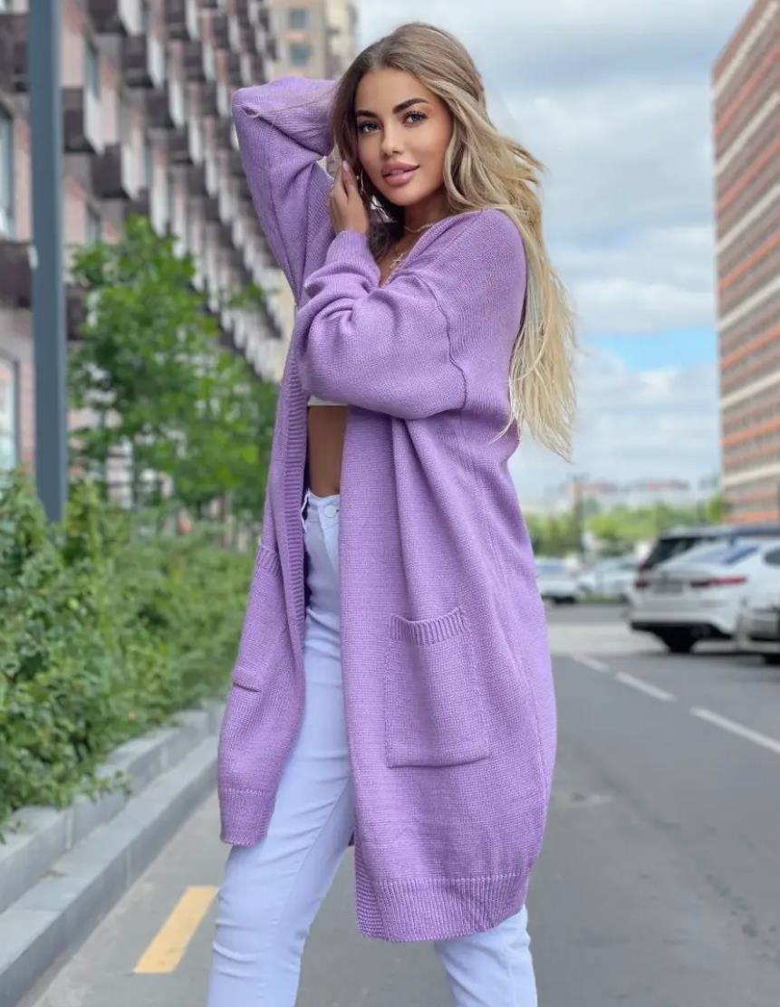 Women's cotton-blend knit cardigan loose open-front longline silhouette with side pockets