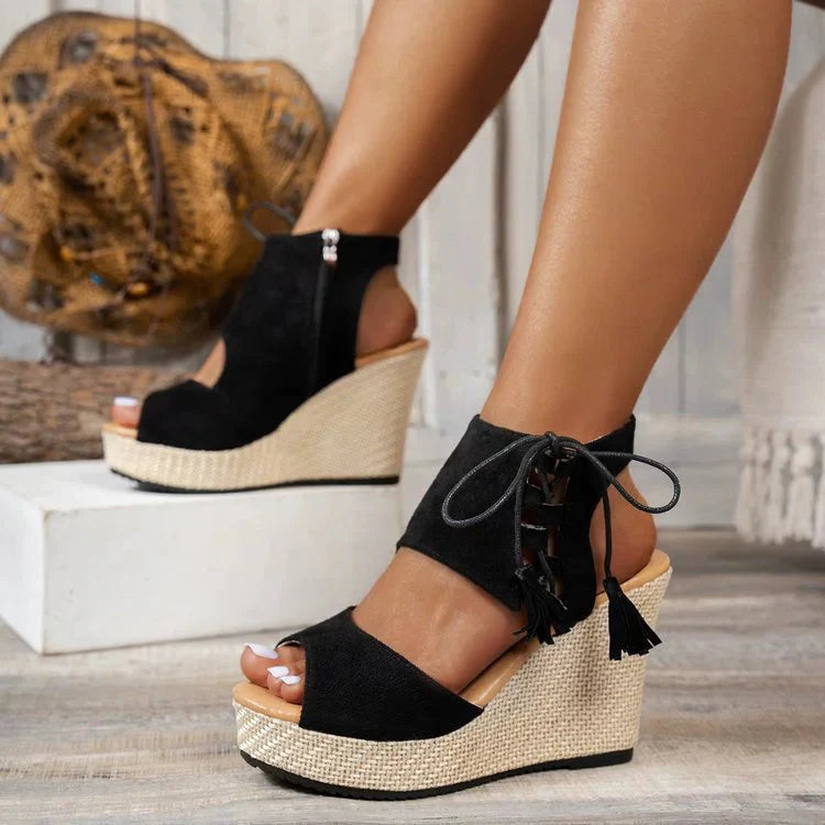 Women's lace-up peep toe wedge sandals, faux suede upper with woven wedge heel and tassel laces