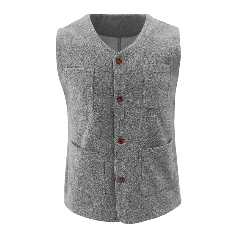 Men's wool-feel tailored vest, charcoal slim fit, V-neck button front for smart-casual polish