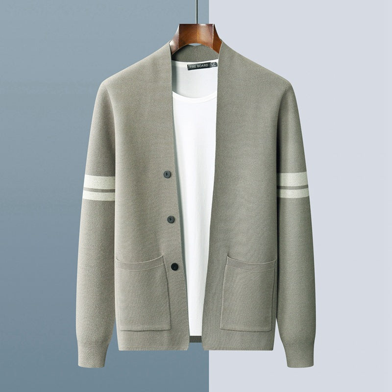 Men's knit cardigan button-front cotton-blend with striped pattern and functional front pockets