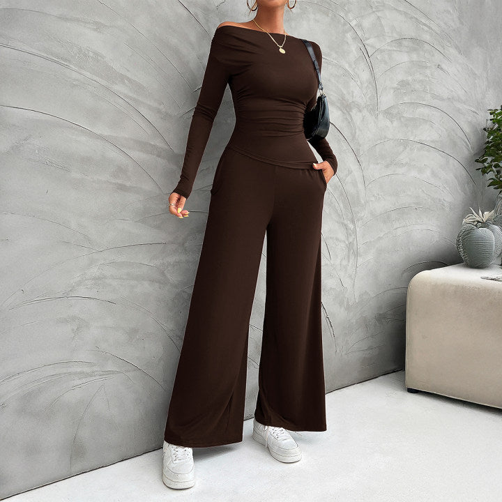 Women's ivory slim-fit blazer top and high-waisted wide-leg pants professional suit set