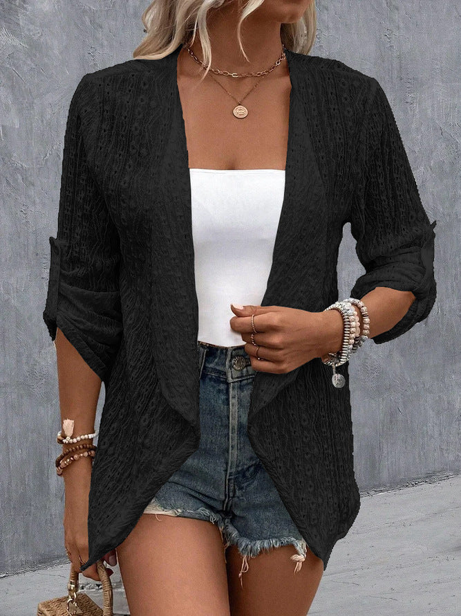 Women's open-front crocheted knit cardigan boho relaxed fit with textured breathable weave