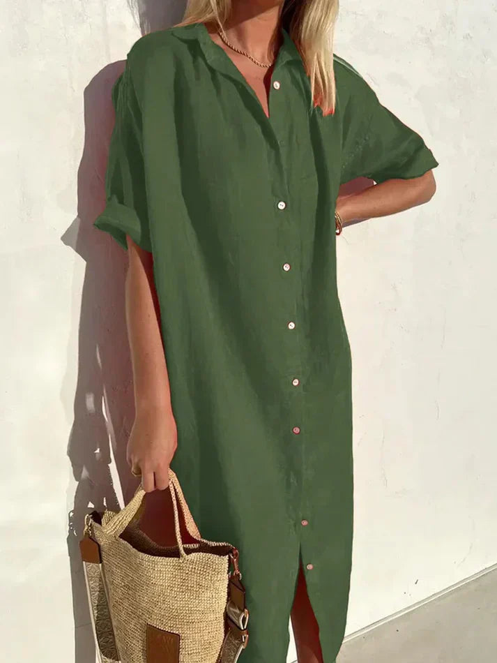 Delia women's cotton linen casual dress, loose fit, wide sleeves with elegant button detailing