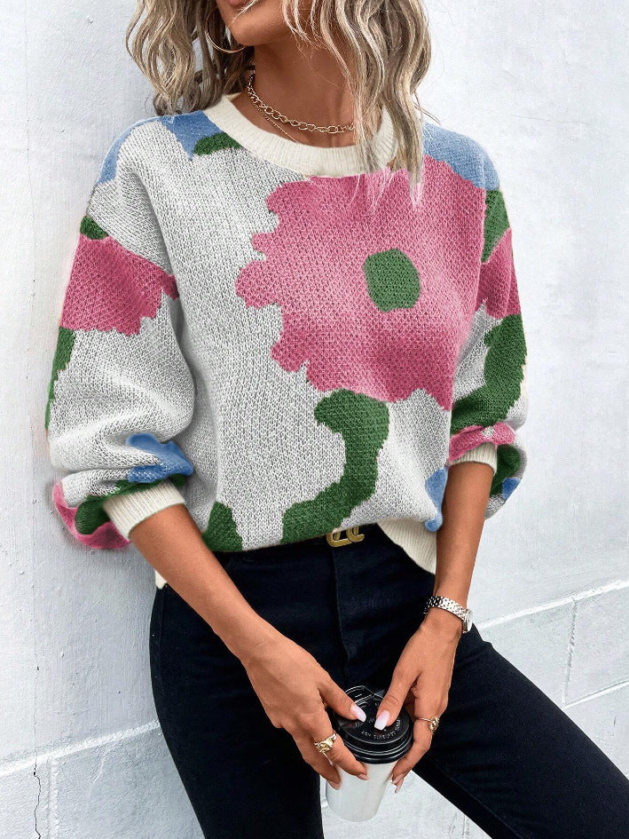 Women's floral print pullover sweater in vibrant multicolor cozy knit with soft-touch feminine style
