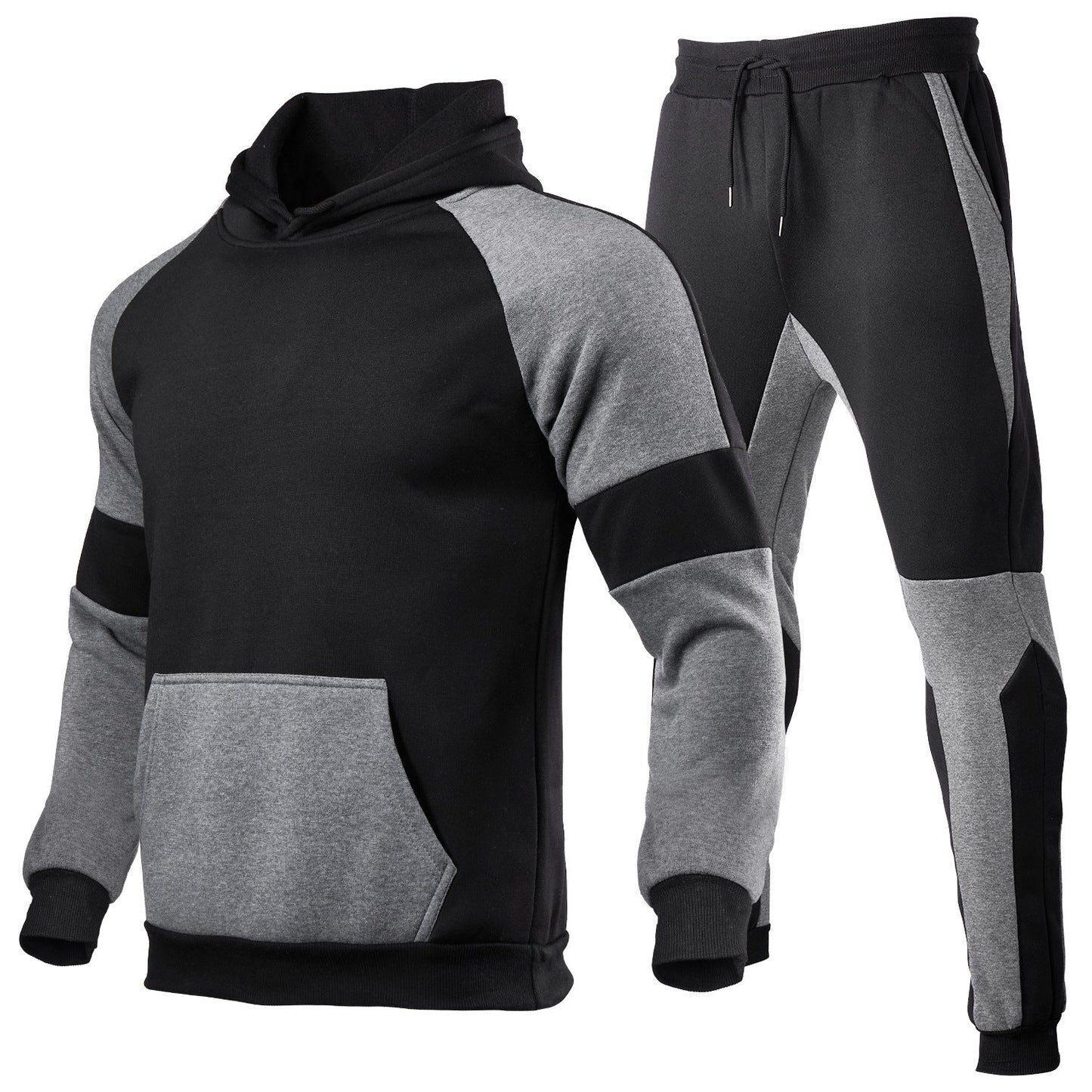 Men's gray cotton-blend hoodie and jogger set with contrast stitching, relaxed athleisure fit