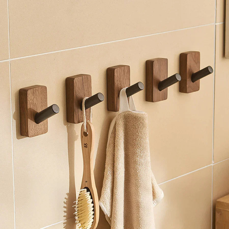 Minimalist wooden wall hooks natural wood matte-black metal accent entryway bathroom storage organizer