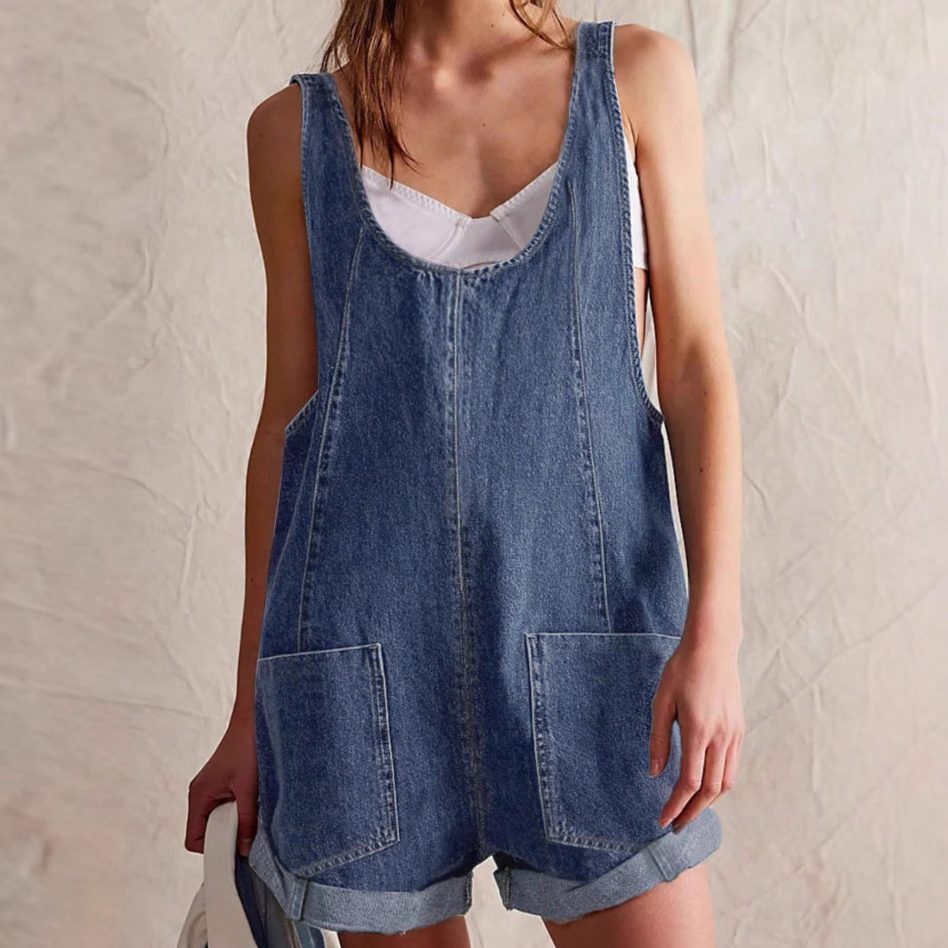 Riley | Women's Sleeveless Denim Romper with Pockets
