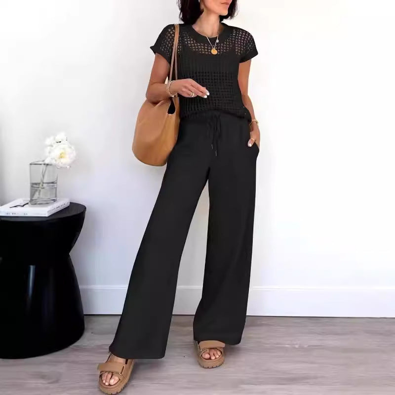 Women's beige open-knit two-piece set with wide-leg pants, relaxed fit casual summer coord