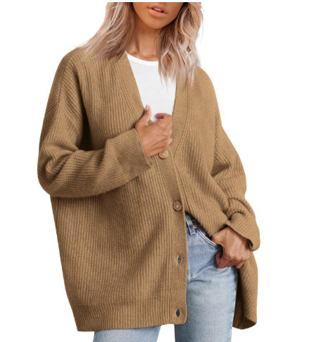 Women's striped knit cardigan oversized cozy fit with button-down closure in soft fabric