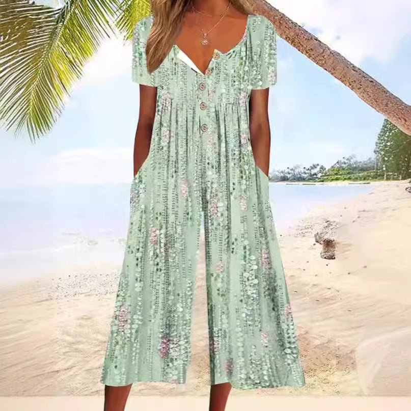 Lagoon | Women's Leaf Print V-Neck Short Sleeve Wide Leg Jumpsuit