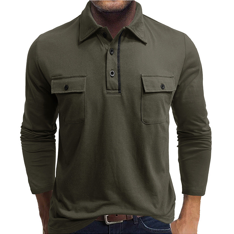 Men's long sleeve polo shirt regular fit breathable two chest pockets smart-casual versatile design