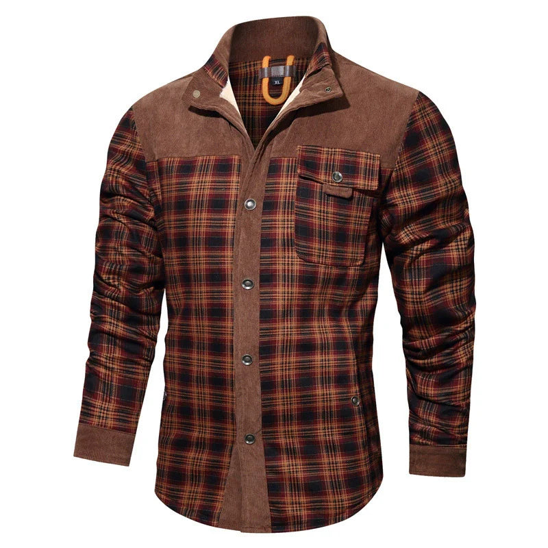 Men's relaxed fit fleece shirt jacket plaid pattern with corduroy trim and chest pockets