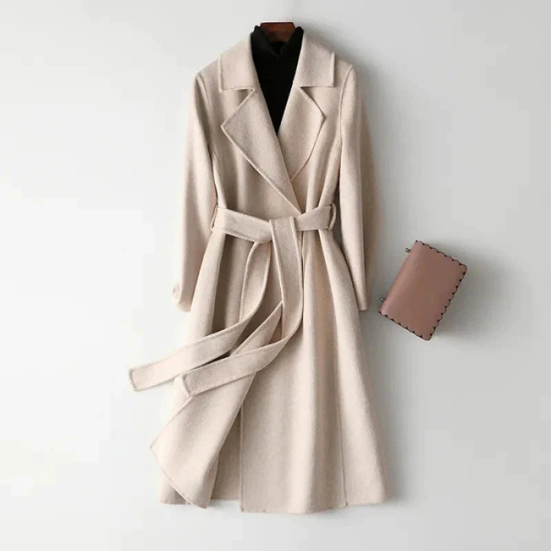 Women's belted wool wrap coat relaxed fit full-length lapel collar timeless elegant outerwear