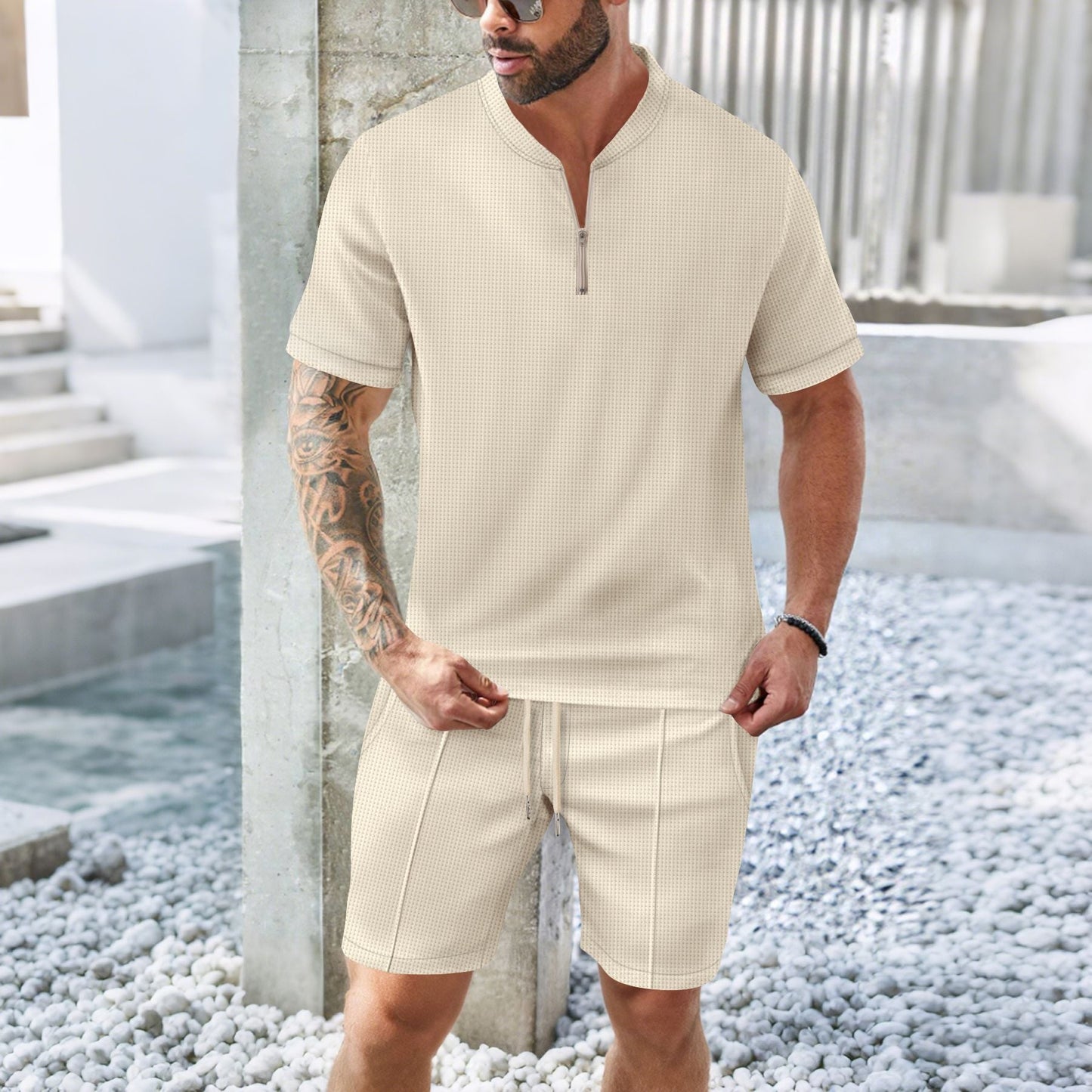 Men's gray relaxed fit sports set zip neck short-sleeve top breathable athletic training outfit